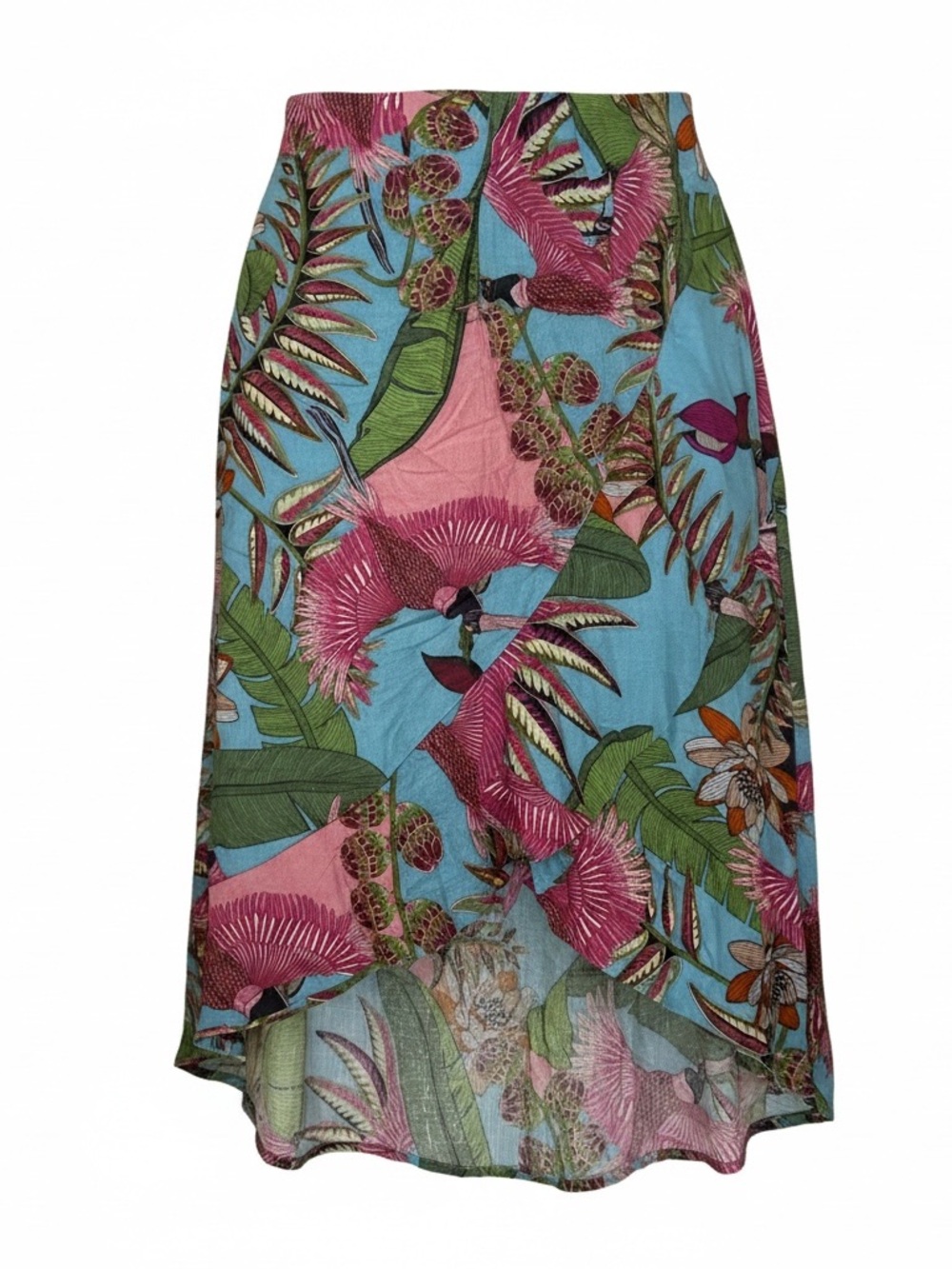 Rachel Asymmetrical Tropical Print Skirt in Pink & Blue